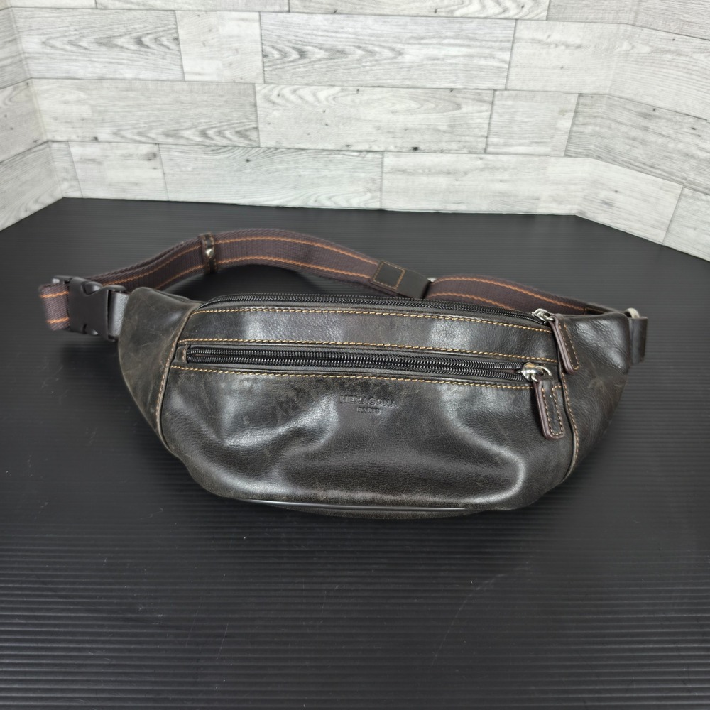 Hexagona Paris Dark Brown Leather Waist Bag Fanny Pack Contrast Stitching